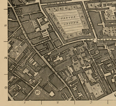 Old Map of London 1746 by John Rocque - F1 - Shoreditch, Spitalfields, Brick Lane, Whitechapel, East London, Hackney, Tower Hamlets, E1