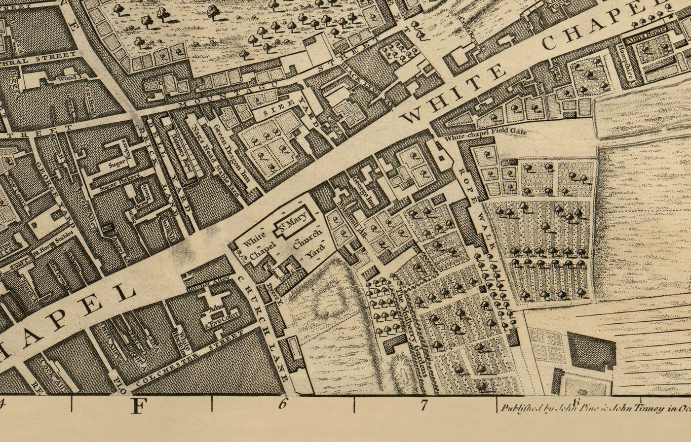 Old Map of London 1746 by John Rocque - F1 - Shoreditch, Spitalfields, Brick Lane, Whitechapel, East London, Hackney, Tower Hamlets, E1