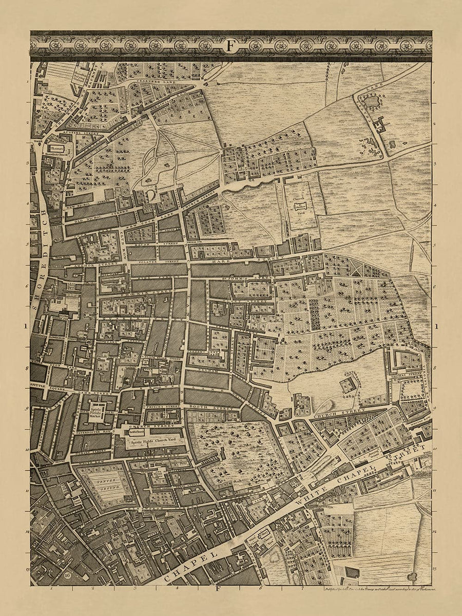 Ancienne carte de Londres 1746 par John Rocque - F1 - Shoreditch, Spitalfields, Brick Lane, Whitechapel, East London, Hackney, Tower Hamlets, E1
