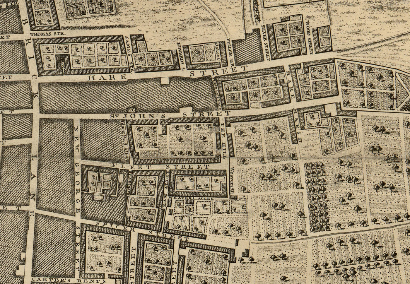 Old Map of London 1746 by John Rocque - F1 - Shoreditch, Spitalfields, Brick Lane, Whitechapel, East London, Hackney, Tower Hamlets, E1