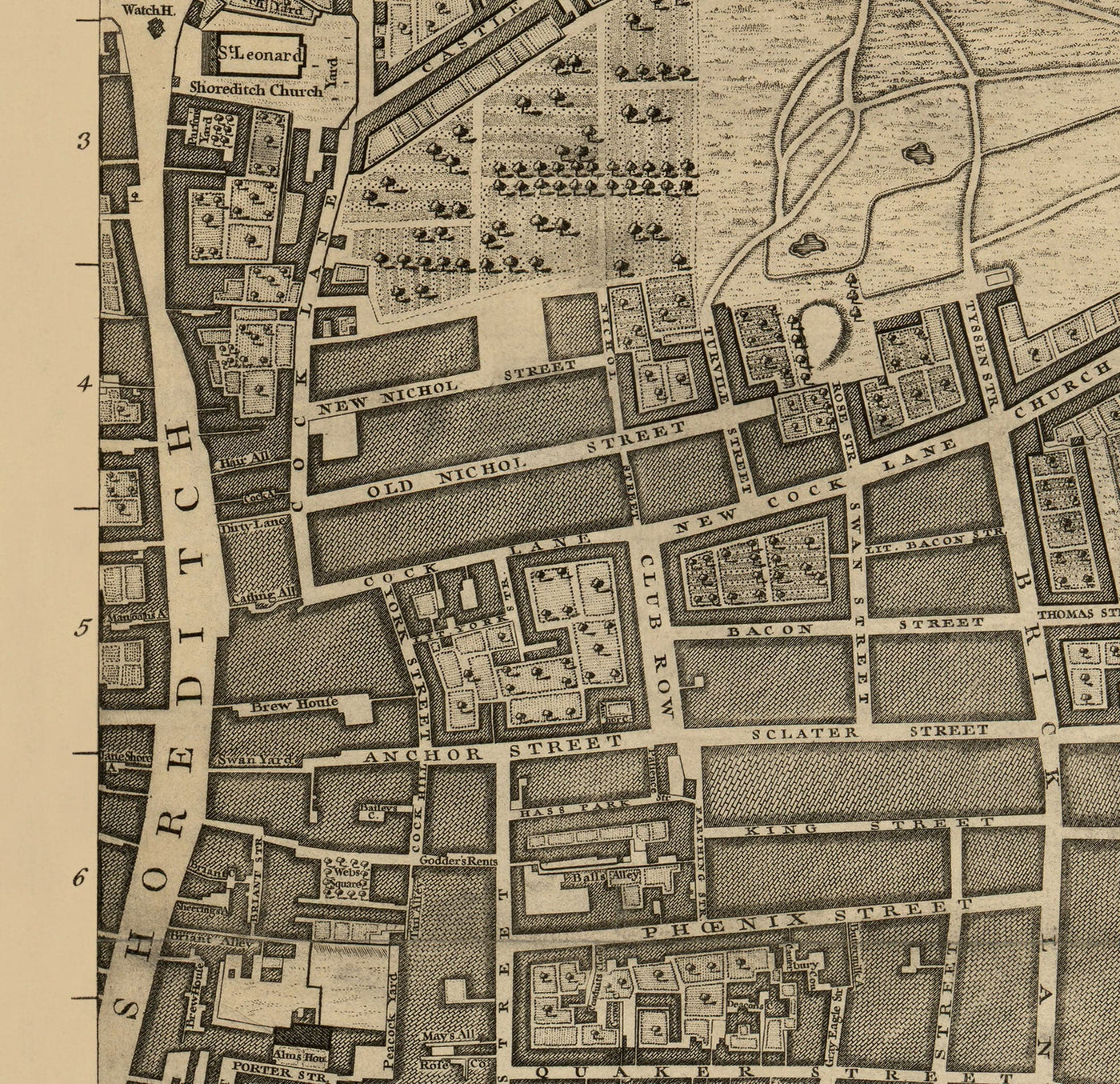 Old Map of London 1746 by John Rocque - F1 - Shoreditch, Spitalfields, Brick Lane, Whitechapel, East London, Hackney, Tower Hamlets, E1