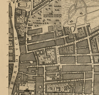 Old Map of London 1746 by John Rocque - F1 - Shoreditch, Spitalfields, Brick Lane, Whitechapel, East London, Hackney, Tower Hamlets, E1