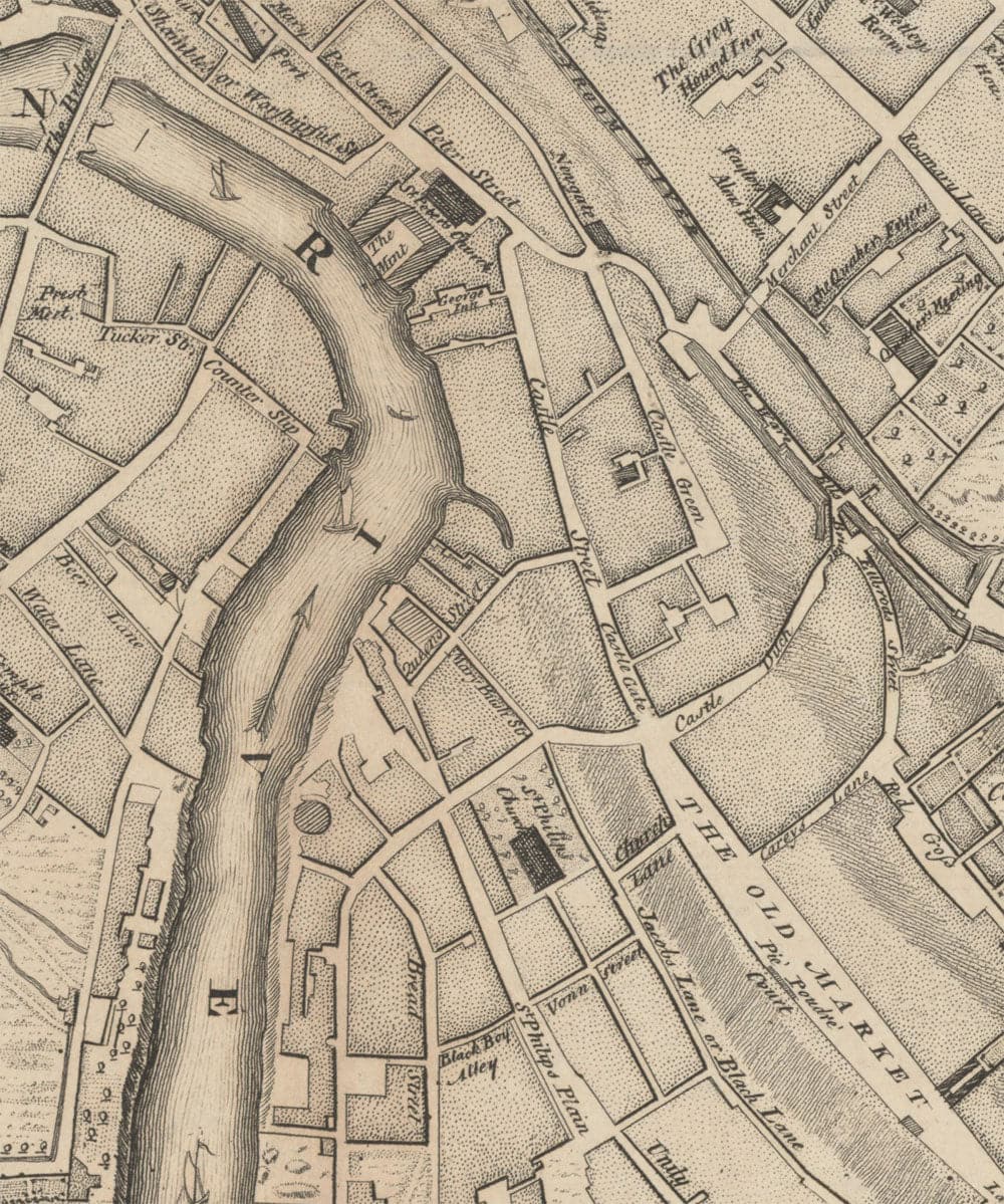 Old Map of Bristol in 1750 by John Rocque - Clifton, Kingsdown, Redcliffe, Cathedral City Chart
