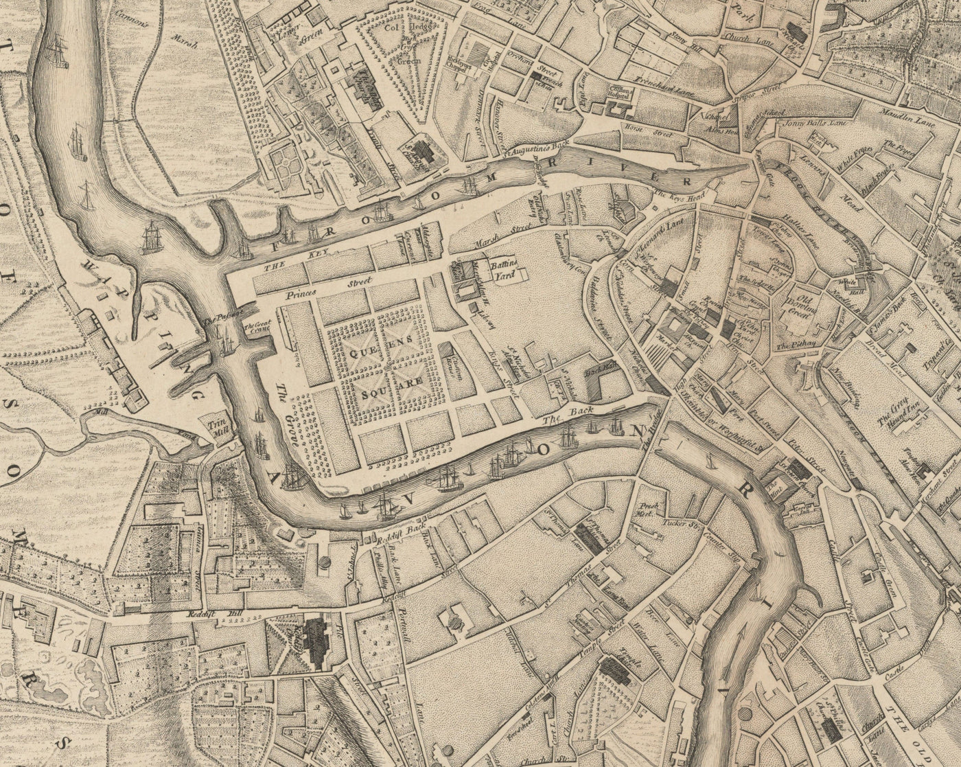 Old Map of Bristol in 1750 by John Rocque - Clifton, Kingsdown, Redcliffe, Cathedral City Chart