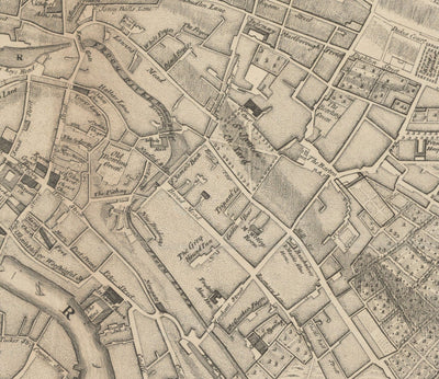 Old Map of Bristol in 1750 by John Rocque - Clifton, Kingsdown, Redcliffe, Cathedral City Chart