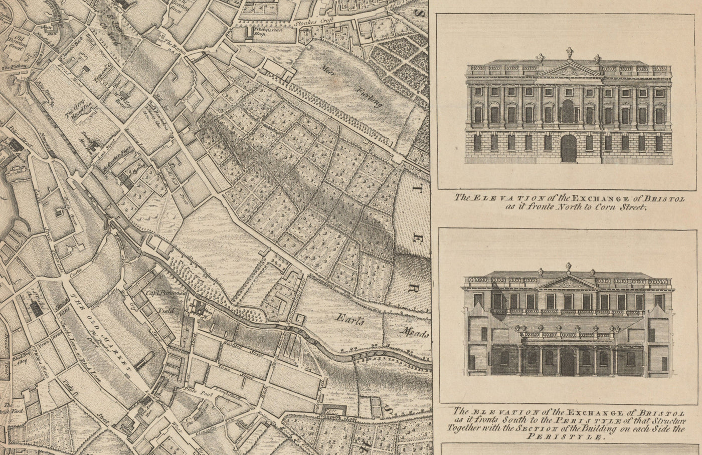 Old Map of Bristol in 1750 by John Rocque - Clifton, Kingsdown, Redcliffe, Cathedral City Chart