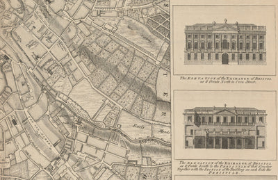 Old Map of Bristol in 1750 by John Rocque - Clifton, Kingsdown, Redcliffe, Cathedral City Chart