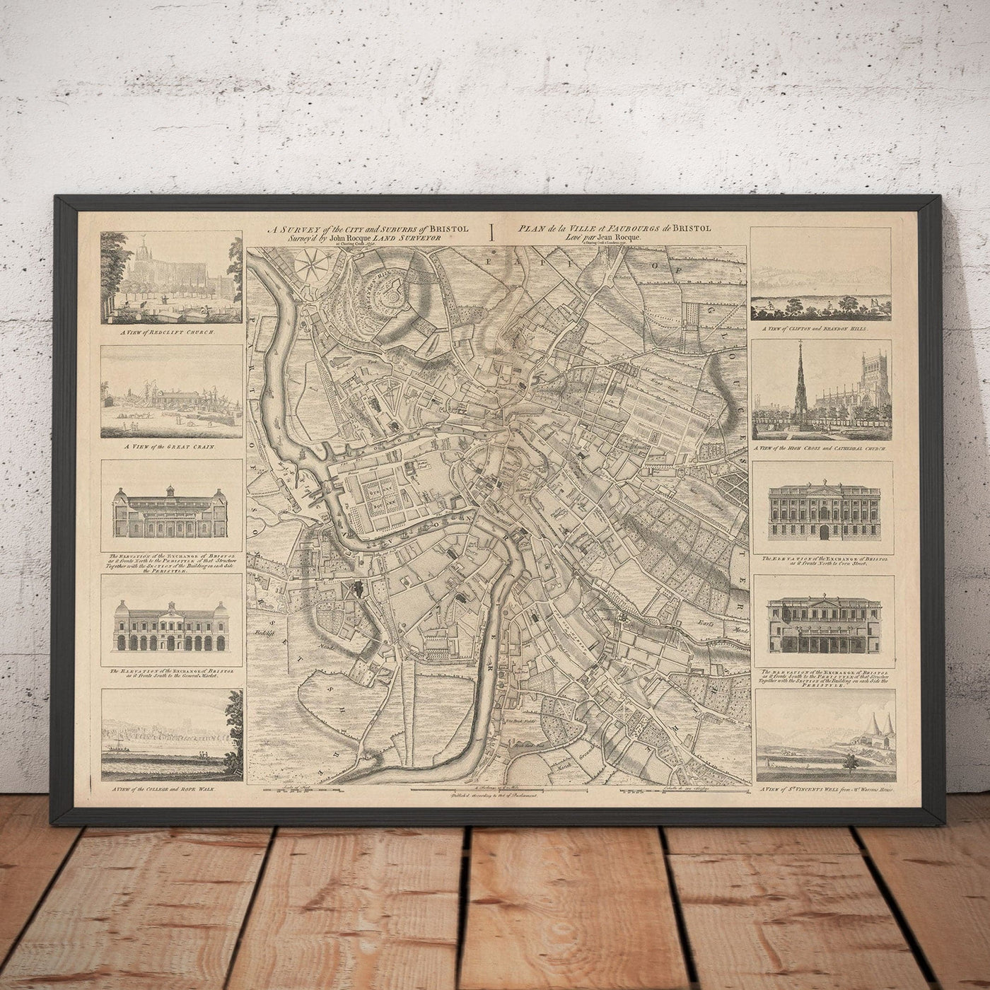 Old Map of Bristol in 1750 by John Rocque - Clifton, Kingsdown, Redcliffe, Cathedral City Chart