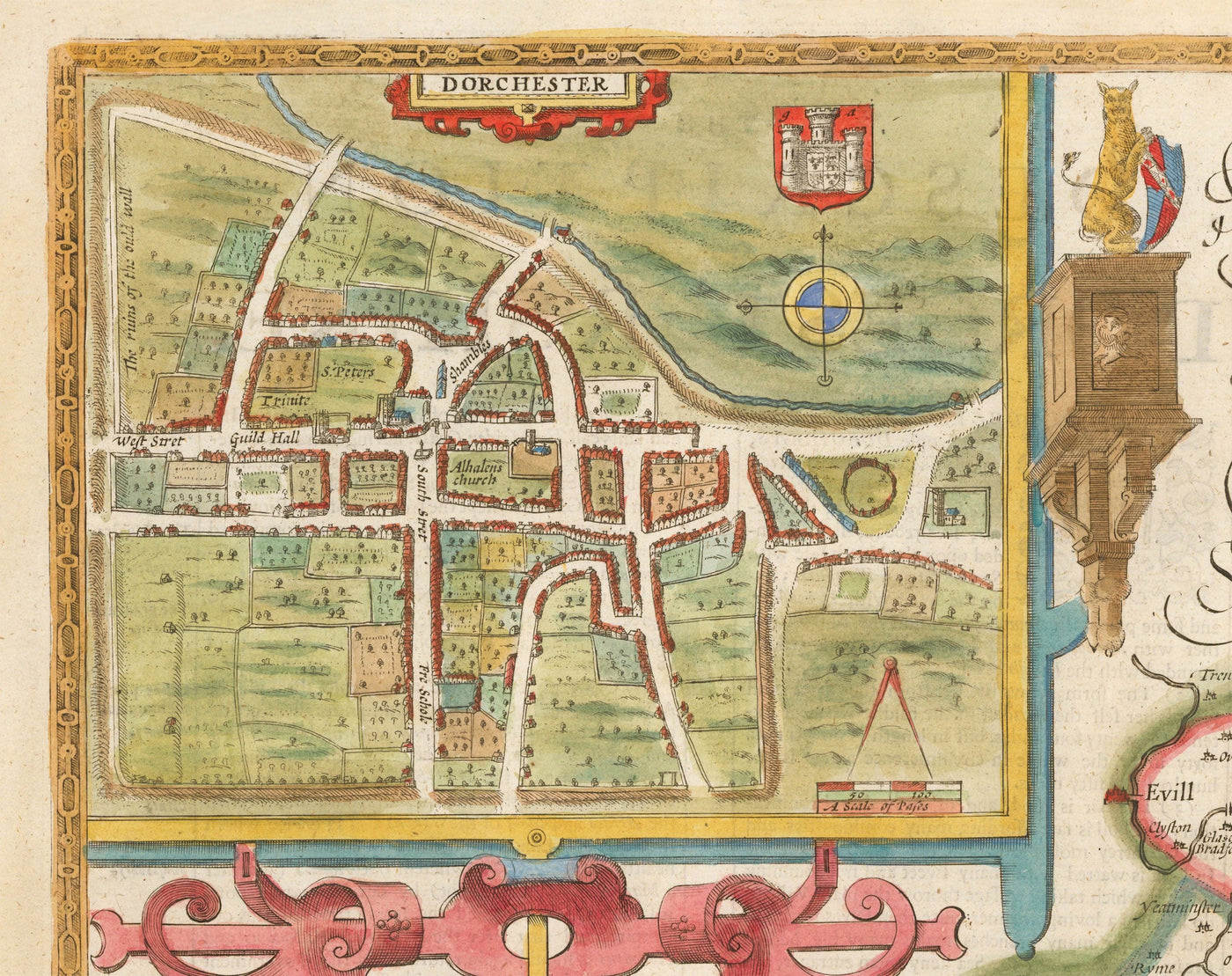 Old Map of Dorset in 1611 by John Speed - Poole, Weymouth, Dorchester, Bridport