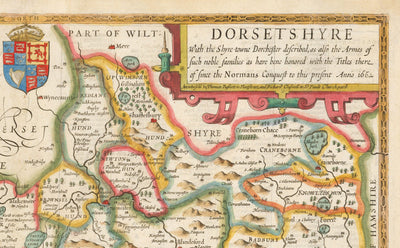Old Map of Dorset in 1611 by John Speed - Poole, Weymouth, Dorchester, Bridport