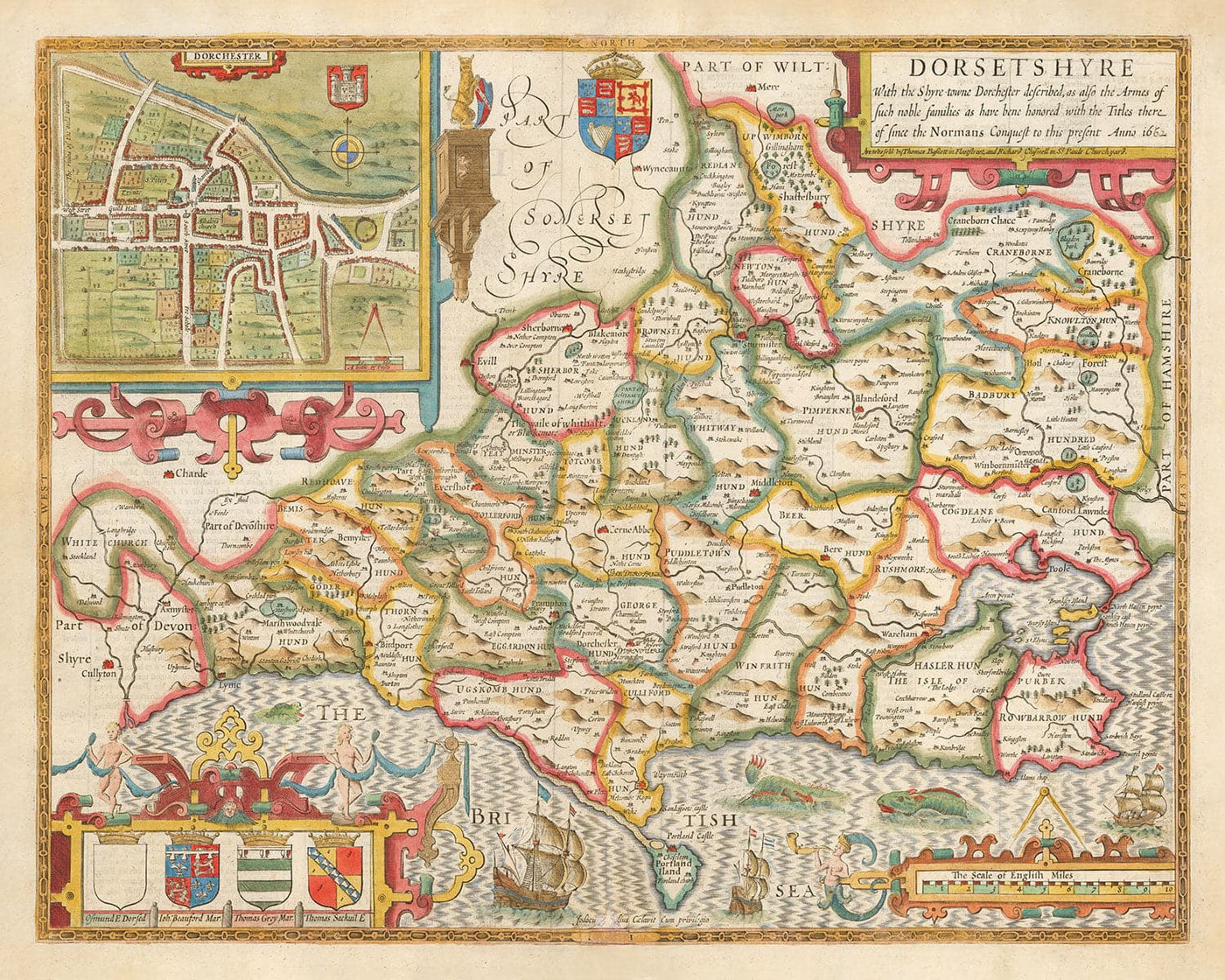 Old Map of Dorset in 1611 by John Speed - Poole, Weymouth, Dorchester, Bridport
