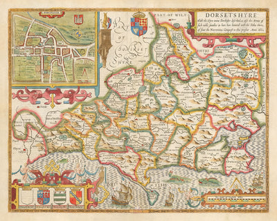 Old Map of Dorset in 1611 by John Speed - Poole, Weymouth, Dorchester, Bridport