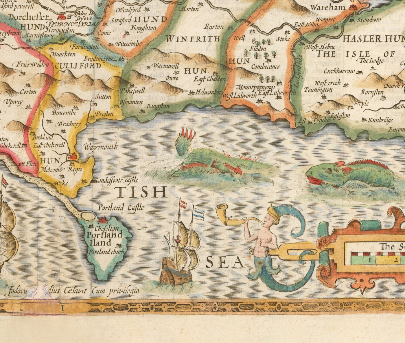 Old Map of Dorset in 1611 by John Speed - Poole, Weymouth, Dorchester, Bridport