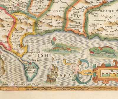 Old Map of Dorset in 1611 by John Speed - Poole, Weymouth, Dorchester, Bridport