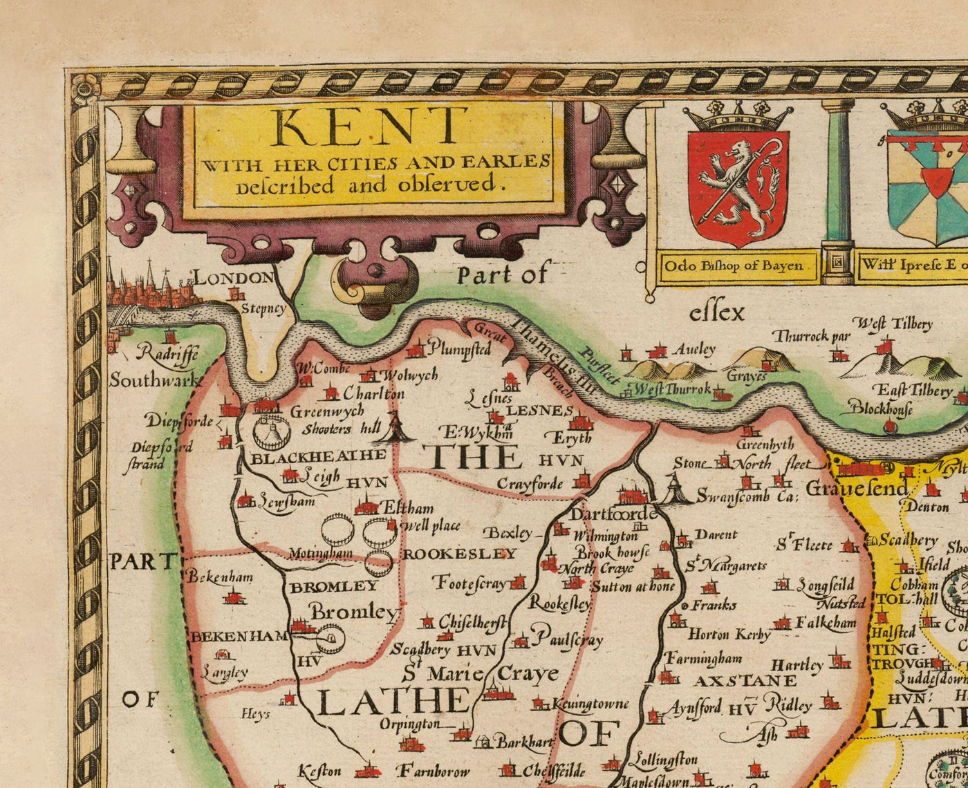 Viejo Mapa de Kent en 1611 por John Speed ​​- Dartford, Maidstone, Bromley, Túnbridge, Gillingham, Chatham