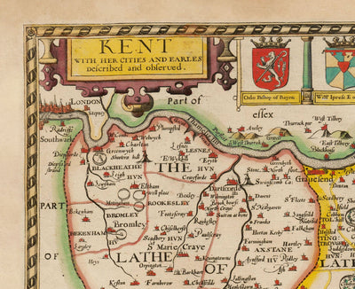 Viejo Mapa de Kent en 1611 por John Speed ​​- Dartford, Maidstone, Bromley, Túnbridge, Gillingham, Chatham