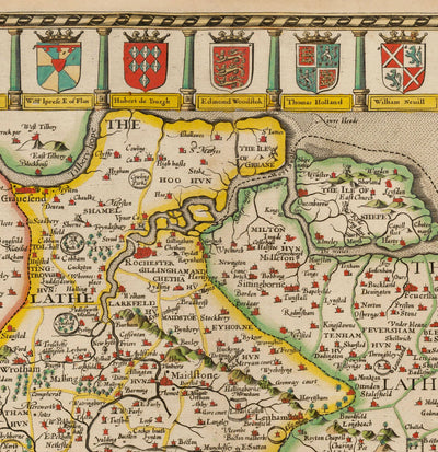Viejo Mapa de Kent en 1611 por John Speed ​​- Dartford, Maidstone, Bromley, Túnbridge, Gillingham, Chatham