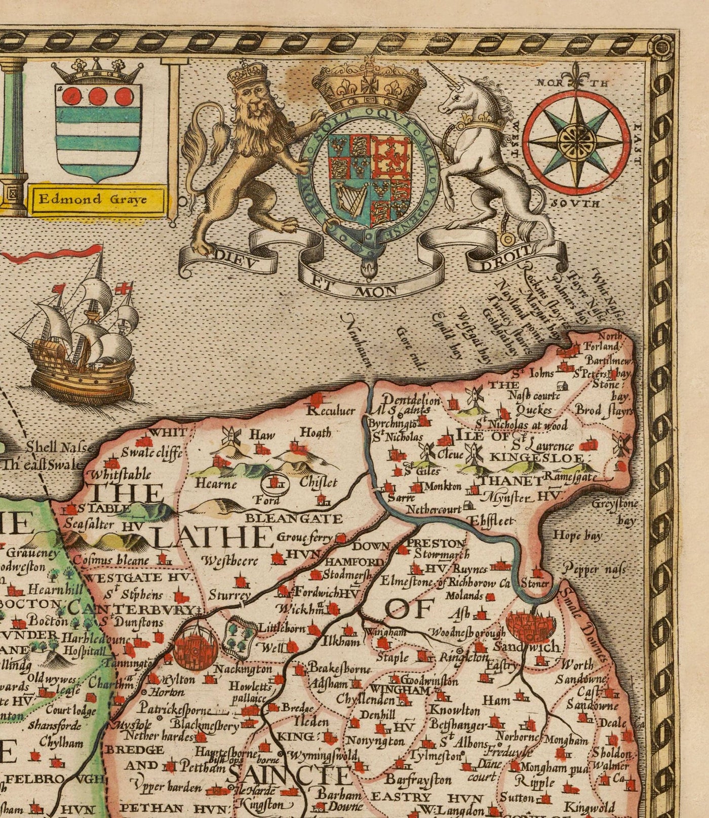 Viejo Mapa de Kent en 1611 por John Speed ​​- Dartford, Maidstone, Bromley, Túnbridge, Gillingham, Chatham