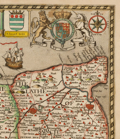 Viejo Mapa de Kent en 1611 por John Speed ​​- Dartford, Maidstone, Bromley, Túnbridge, Gillingham, Chatham
