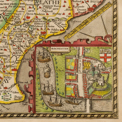 Viejo Mapa de Kent en 1611 por John Speed ​​- Dartford, Maidstone, Bromley, Túnbridge, Gillingham, Chatham