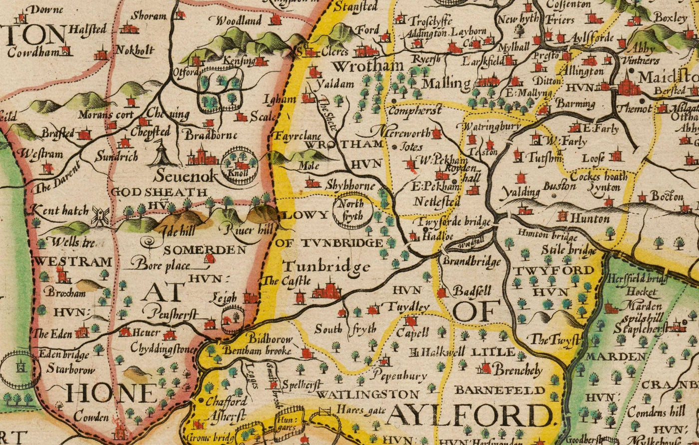 Viejo Mapa de Kent en 1611 por John Speed ​​- Dartford, Maidstone, Bromley, Túnbridge, Gillingham, Chatham