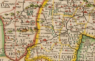 Viejo Mapa de Kent en 1611 por John Speed ​​- Dartford, Maidstone, Bromley, Túnbridge, Gillingham, Chatham
