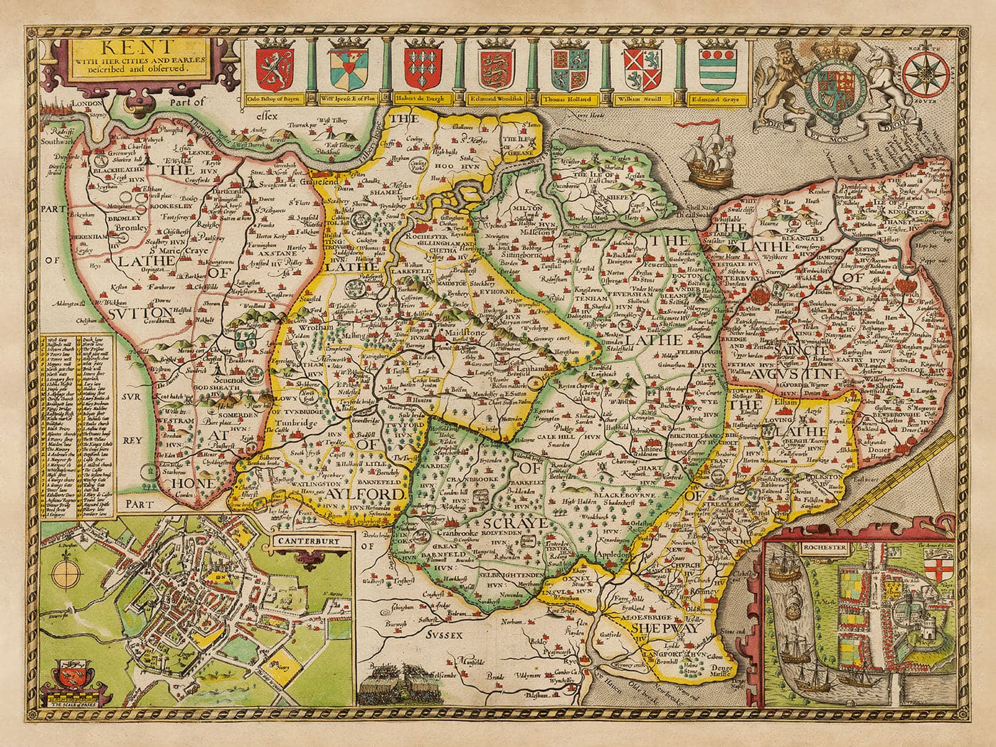 Viejo Mapa de Kent en 1611 por John Speed ​​- Dartford, Maidstone, Bromley, Túnbridge, Gillingham, Chatham