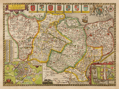 Viejo Mapa de Kent en 1611 por John Speed ​​- Dartford, Maidstone, Bromley, Túnbridge, Gillingham, Chatham