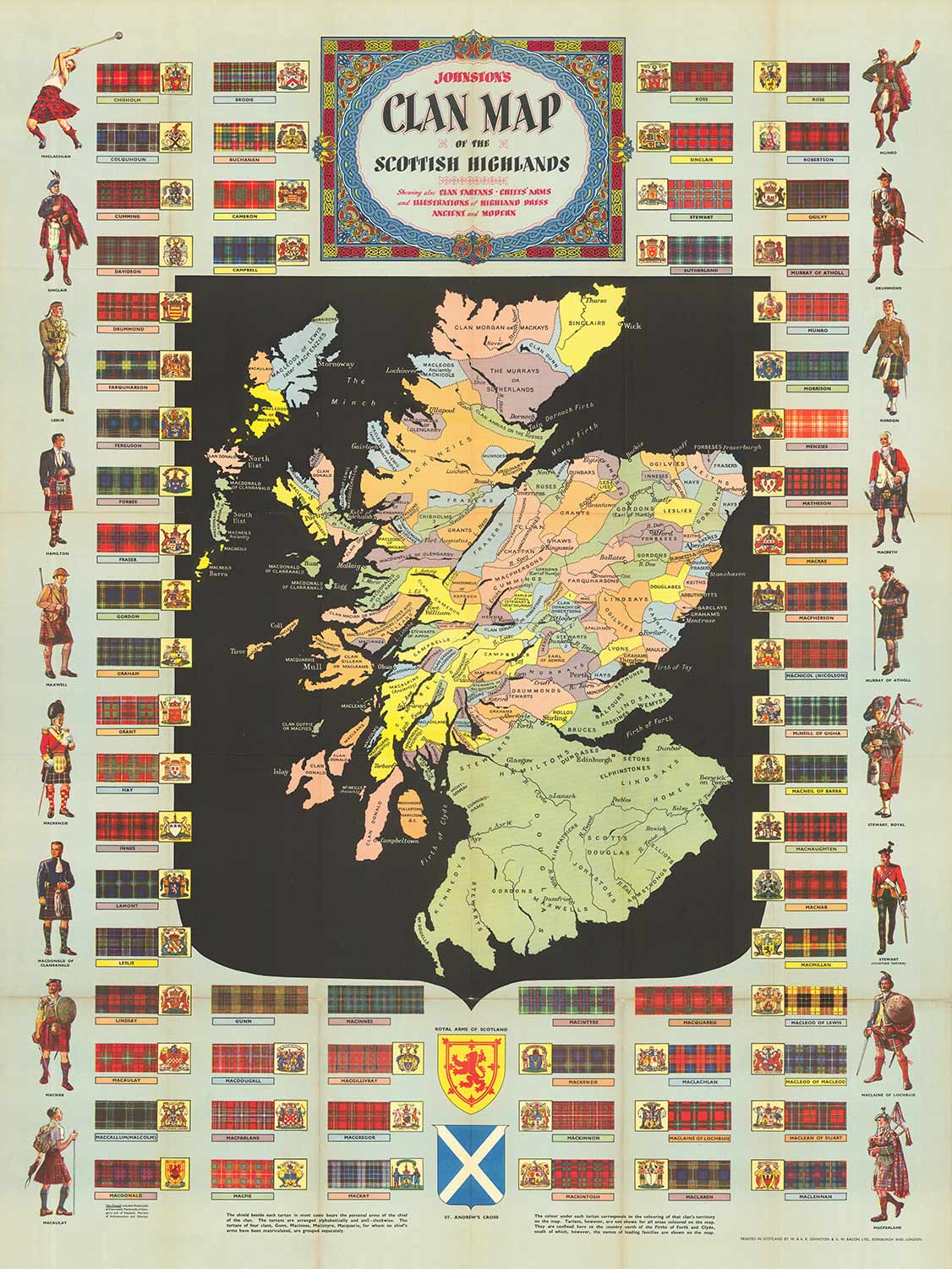Old Map of Scotland Clans and Tartans - Johnston's Highlands & Lowlands Scottish Chart