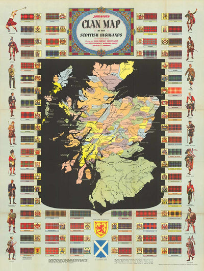 Old Map of Scotland Clans and Tartans - Johnston's Highlands & Lowlands Scottish Chart