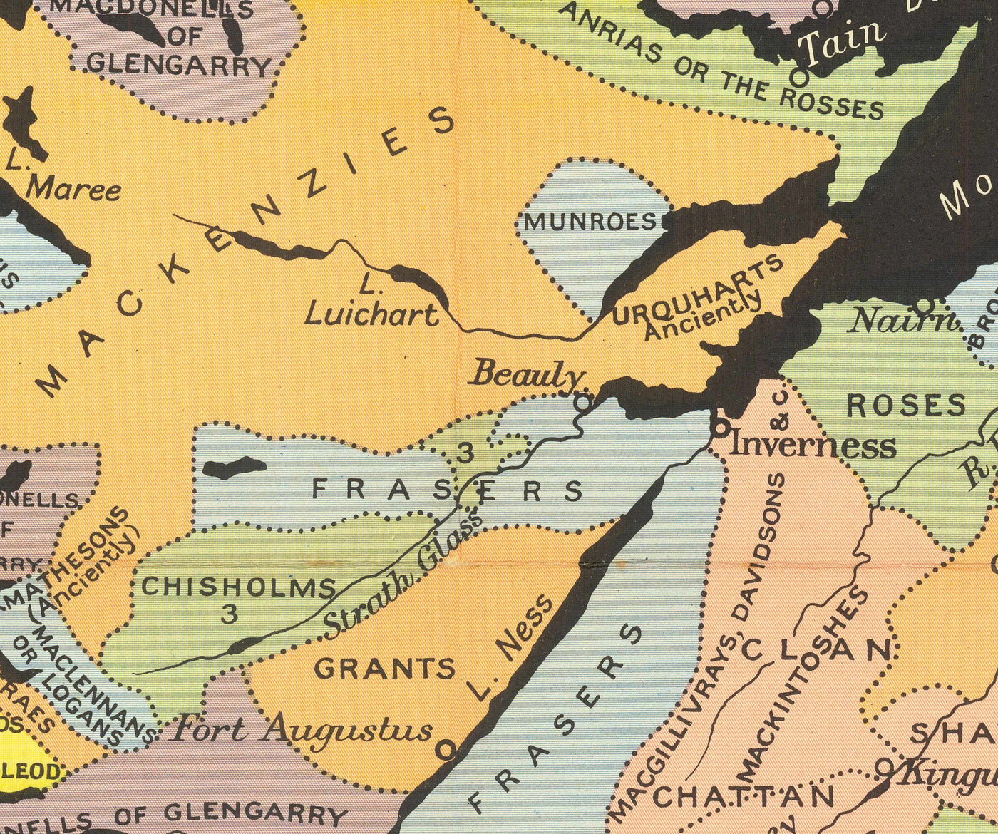 Old Map of Scotland Clans and Tartans - Johnston's Highlands & Lowlands Scottish Chart
