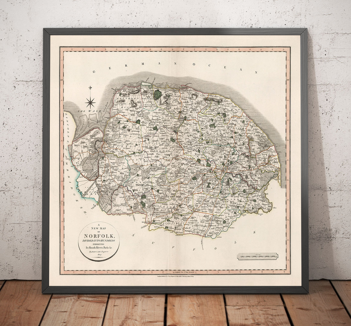 Old Map of Norfolk in 1807 by John Cary - Norwich, Cromer, Great Yarmouth, Thetford, King's Lynn