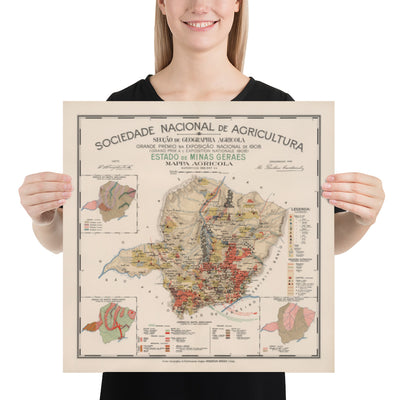Mapa antiguo de Minas Gerais, Brasil en 1908 - Agricultura, Geología, Rocas, Suelo - Belo Horizonte, Uberlandia, Uberaba, Juiz de Fora, Curvelo