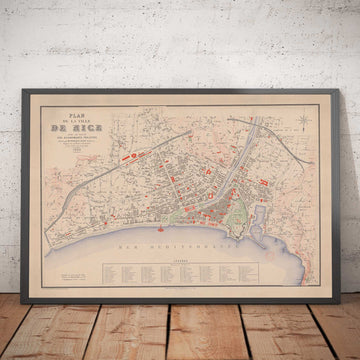 Mappa antica di Nizza, Francia nel 1882 di Francois Aune - Costa Azzurra, Promenade Des Anglais, Dubouchage, Mediterraneo 