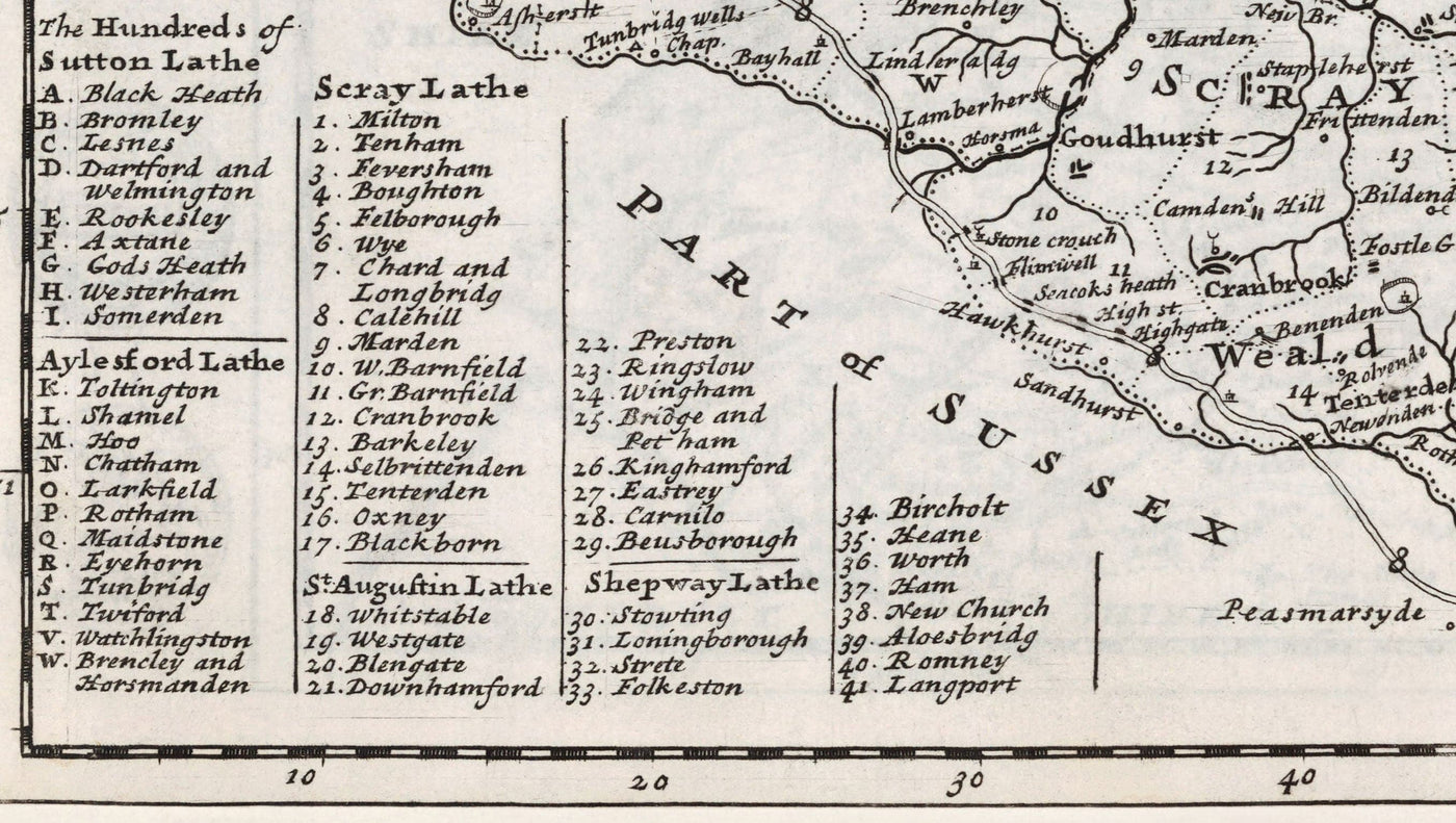 Old Map of Kent 1724, Herman Moll - Dartford, Maidstone, Bromley, Tunbridge, Gillingham, Chatham