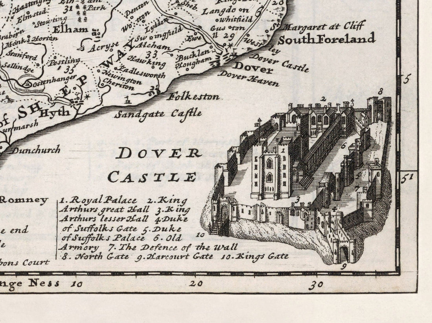Old Map of Kent 1724, Herman Moll - Dartford, Maidstone, Bromley, Tunbridge, Gillingham, Chatham