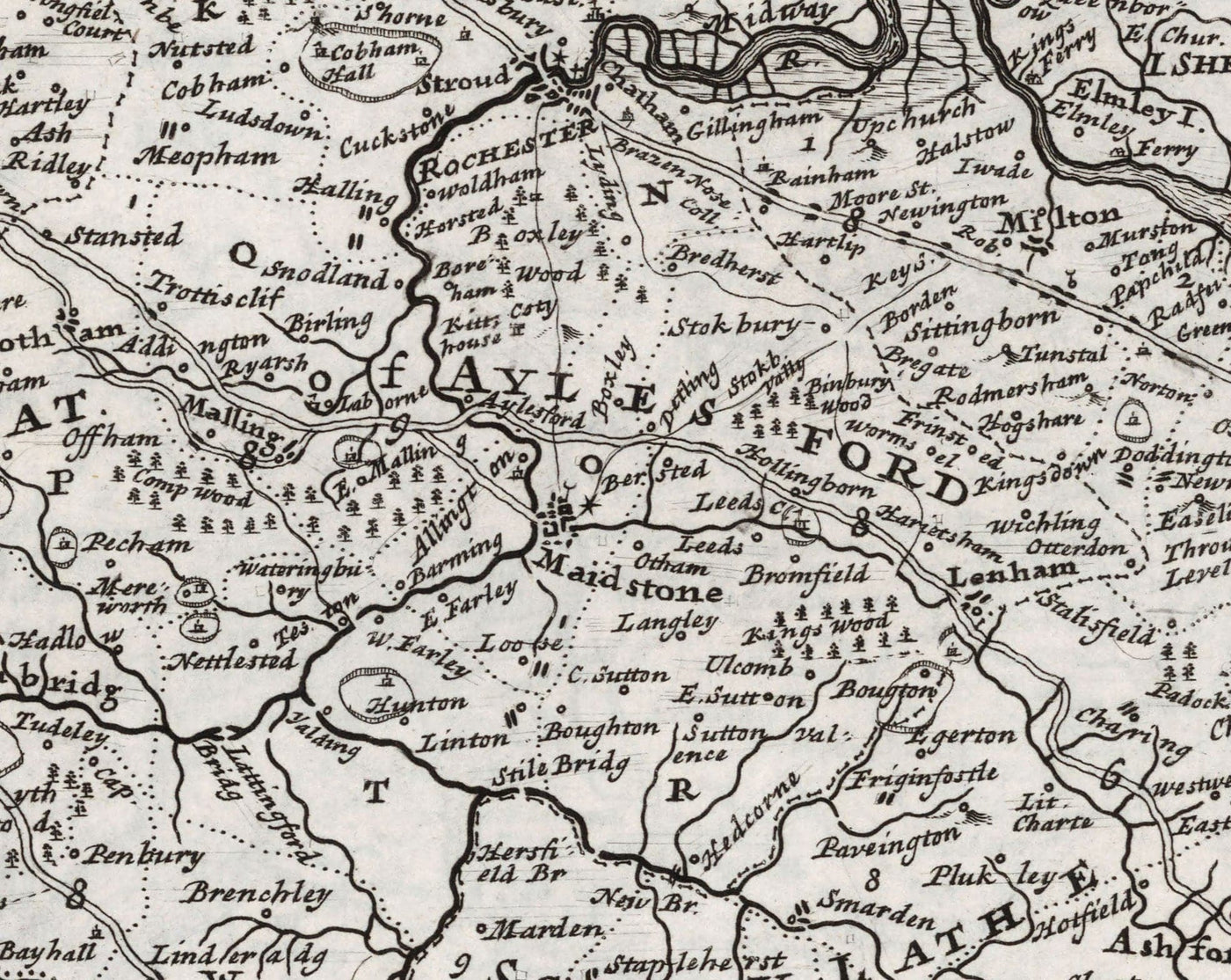 Old Map of Kent 1724, Herman Moll - Dartford, Maidstone, Bromley, Tunbridge, Gillingham, Chatham