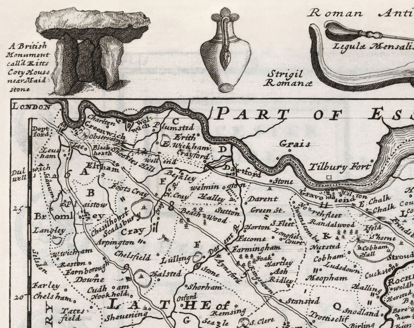 Old Map of Kent 1724, Herman Moll - Dartford, Maidstone, Bromley, Tunbridge, Gillingham, Chatham
