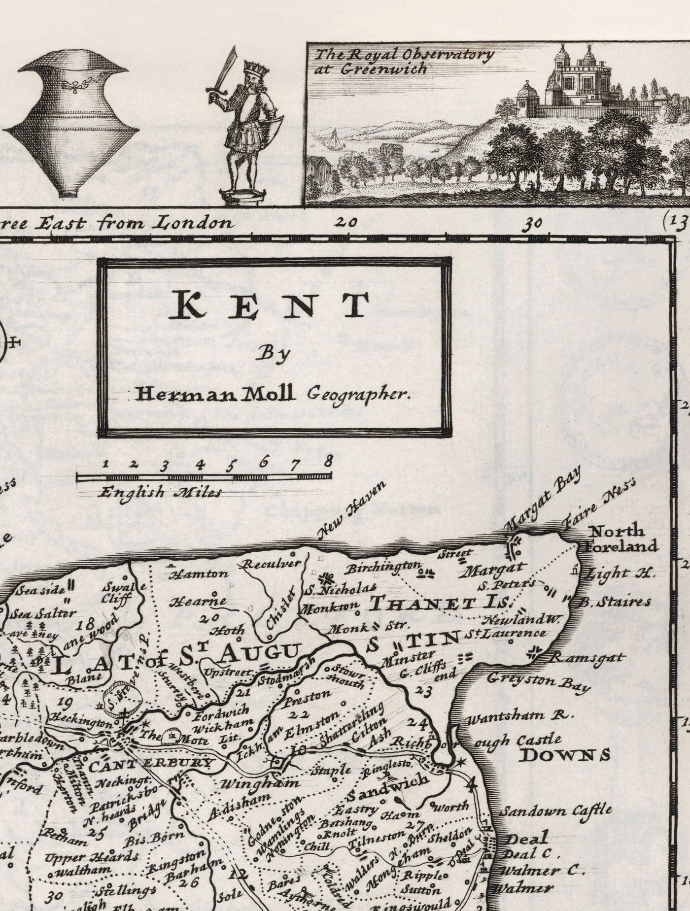 Old Map of Kent 1724, Herman Moll - Dartford, Maidstone, Bromley, Tunbridge, Gillingham, Chatham