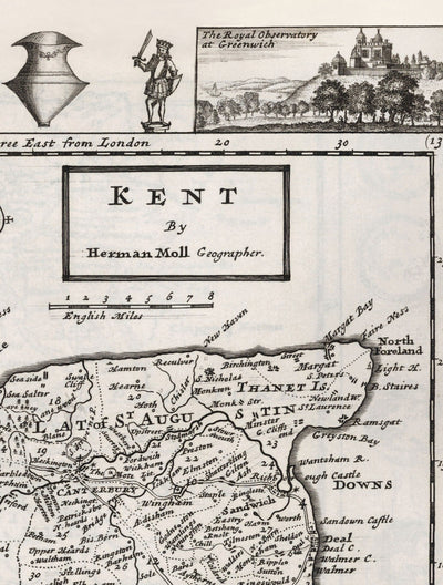 Old Map of Kent 1724, Herman Moll - Dartford, Maidstone, Bromley, Tunbridge, Gillingham, Chatham