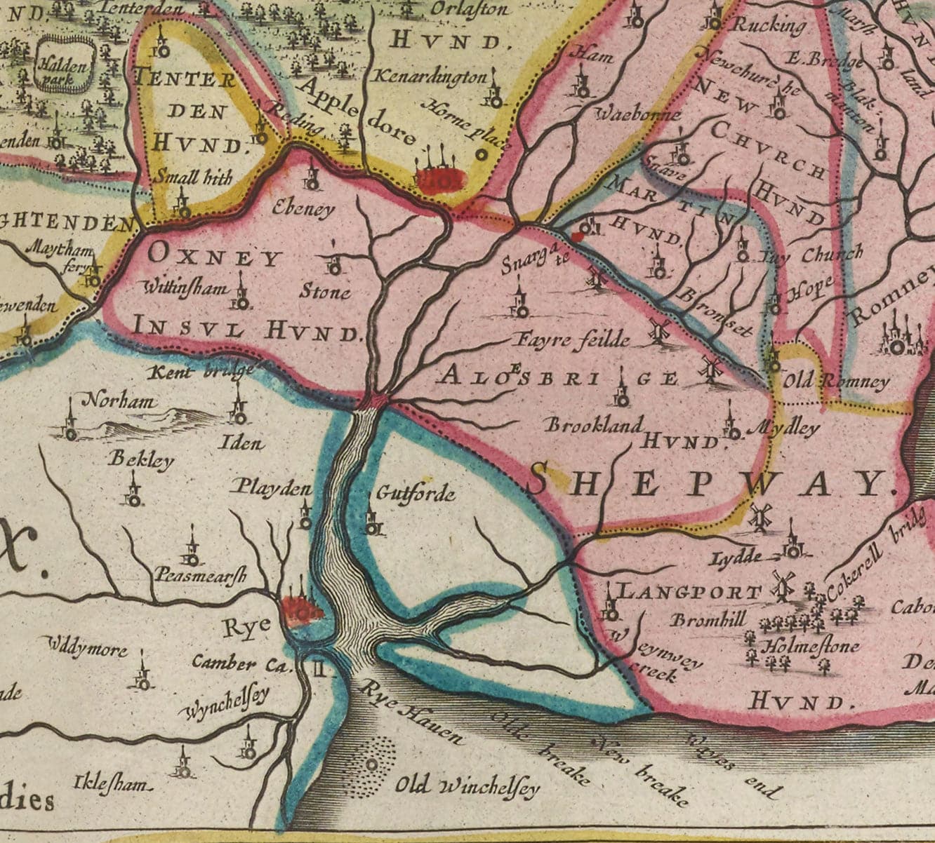 Old Map of Kent in 1665 by Joan Blaeu - Canterbury, Maidstone, Bromley, Tunbridge, Margate, Dartford