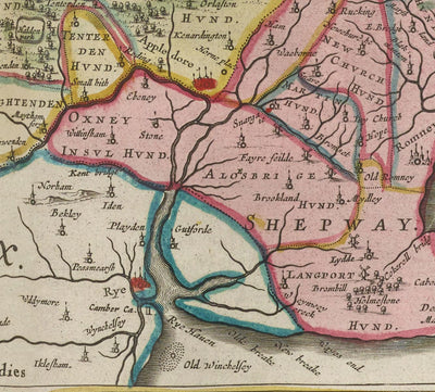 Old Map of Kent in 1665 by Joan Blaeu - Canterbury, Maidstone, Bromley, Tunbridge, Margate, Dartford
