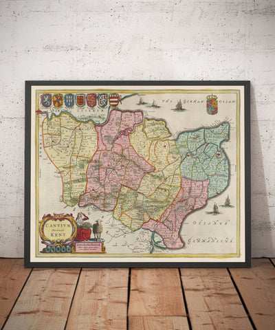 Old Map of Kent in 1665 by Joan Blaeu - Canterbury, Maidstone, Bromley, Tunbridge, Margate, Dartford