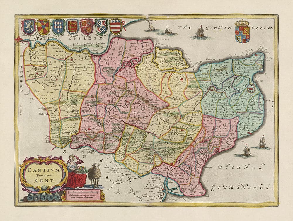 Old Map of Kent in 1665 by Joan Blaeu - Canterbury, Maidstone, Bromley, Tunbridge, Margate, Dartford
