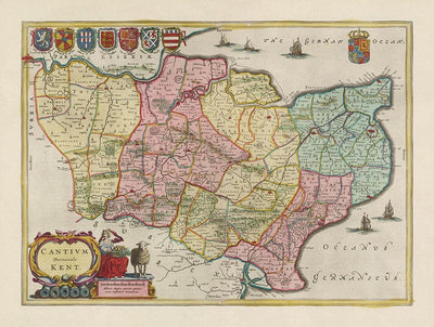 Old Map of Kent in 1665 by Joan Blaeu - Canterbury, Maidstone, Bromley, Tunbridge, Margate, Dartford