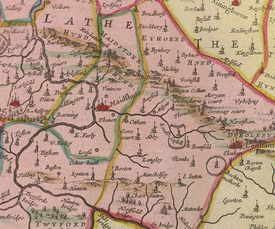 Old Map of Kent in 1665 by Joan Blaeu - Canterbury, Maidstone, Bromley, Tunbridge, Margate, Dartford
