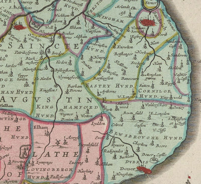 Old Map of Kent in 1665 by Joan Blaeu - Canterbury, Maidstone, Bromley, Tunbridge, Margate, Dartford