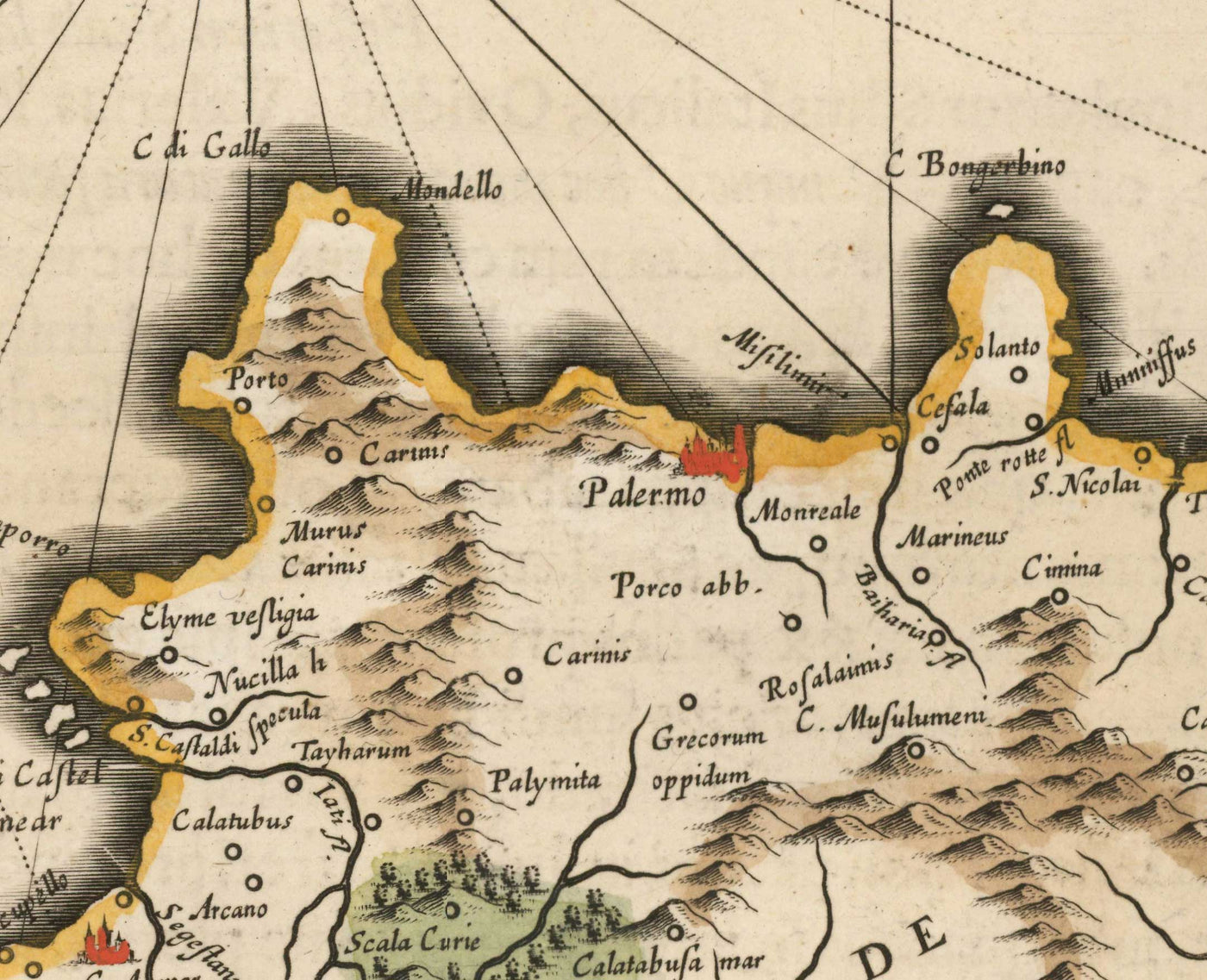 Mapa antiguo de Sicilia en 1640 por Willem Blaeu - Palermo, Catania, Marsala, Mediterráneo, Messina