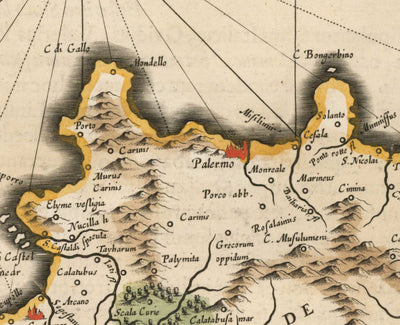 Mapa antiguo de Sicilia en 1640 por Willem Blaeu - Palermo, Catania, Marsala, Mediterráneo, Messina