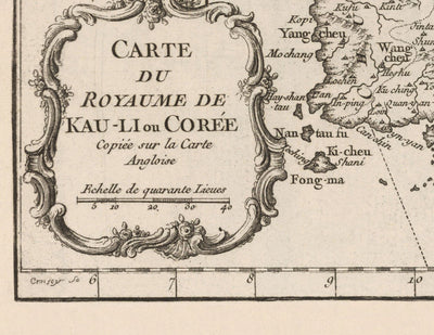 Mapa antiguo de Corea en 1764 por Bellin - Norte, Sur, Seúl, Pyongyang, Península, Dinastía Joseon, Busan, Daegu